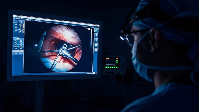 Surgeon viewing endoscopic camera footage during a complex medical procedure.