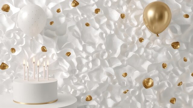 Ultra-HD elegant birthday background with pearl texture, floating gold petals, porcelain cake with glowing candles, luxury balloons, soft studio light, clean copy space.