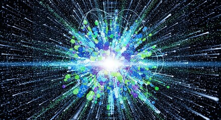 Fototapeta premium Abstract explosion of colorful particles and light streaks against a dark background, representing energy and motion.