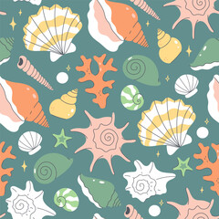 Seamless pattern with seashells, starfish, and pearls. Vector graphics.