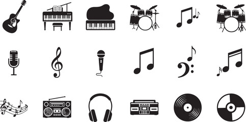Collection of black music and audio icons including headphones, microphone, speaker, guitar, and piano in a minimalist glyph style for user interface © crea8ive