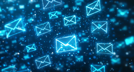 Glowing blue envelopes floating in a digital space representing email communication.