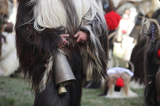 Zemen, Bulgaria - March 15, 2025: Masquerade festival Surva in Zemen, Bulgaria. People with mask called Kukeri dance and perform to scare the evil spirits.
