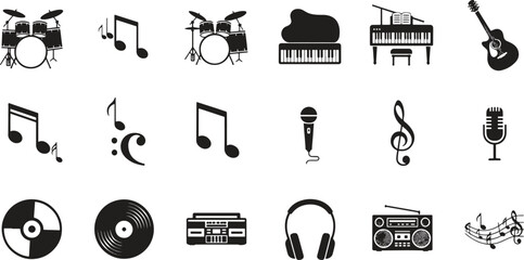 Collection of black music and audio icons including headphones, microphone, speaker, guitar, and piano in a minimalist glyph style for user interface © crea8ive