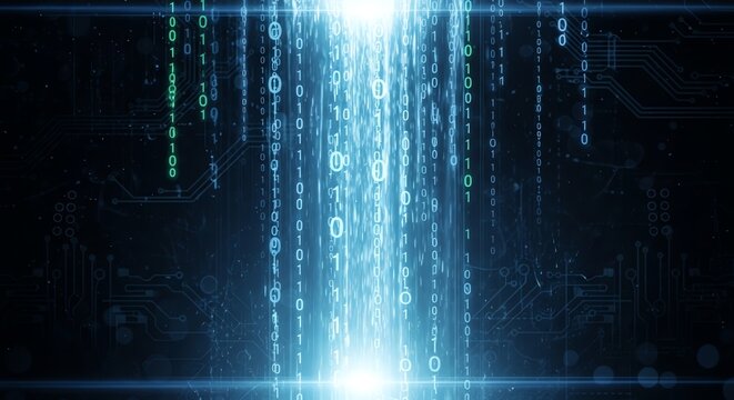 Abstract digital stream of binary code flowing downwards with glowing blue light and circuit board patterns in the background.