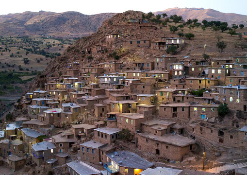 Old kurdish village at dusk, Palangan, Kordestan province, Iran