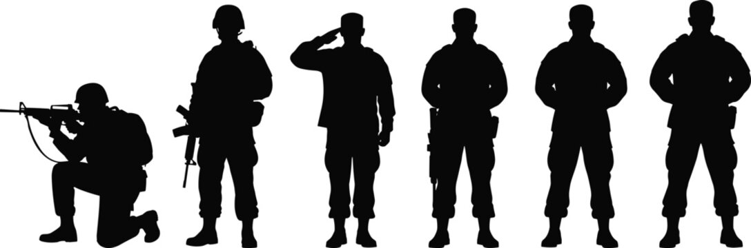 Set of military soldier silhouettes in various tactical poses isolated on white, army personnel saluting and aiming rifle for veterans day