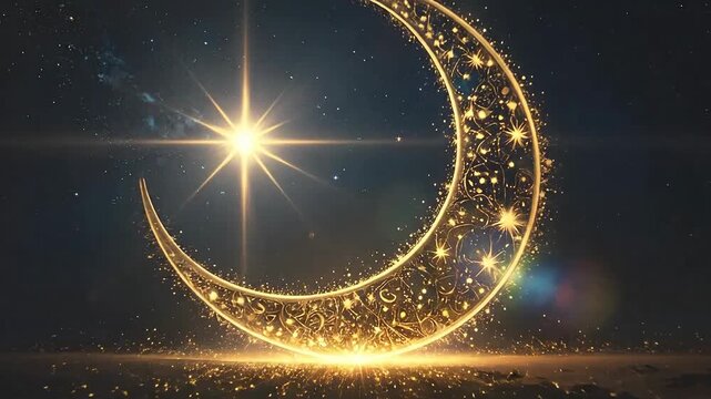 Golden crescent moon shines brightly against the dark starry sky.
