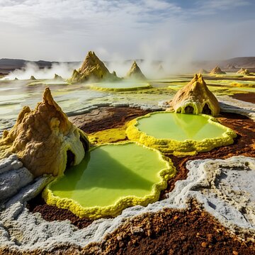 Geothermal pools and sulfur mounds in Dallol desert, Ethiopia