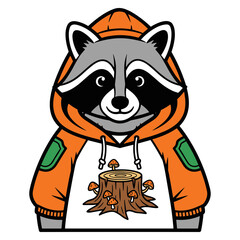Cartoon Raccoon Holding a Log in Orange Hoodie