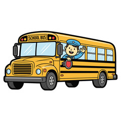 Cartoon School Bus with Friendly Bus Driver Illustration