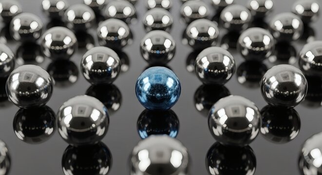 Stand Out Azure sphere amidst polished silver spheres with reflective surface.