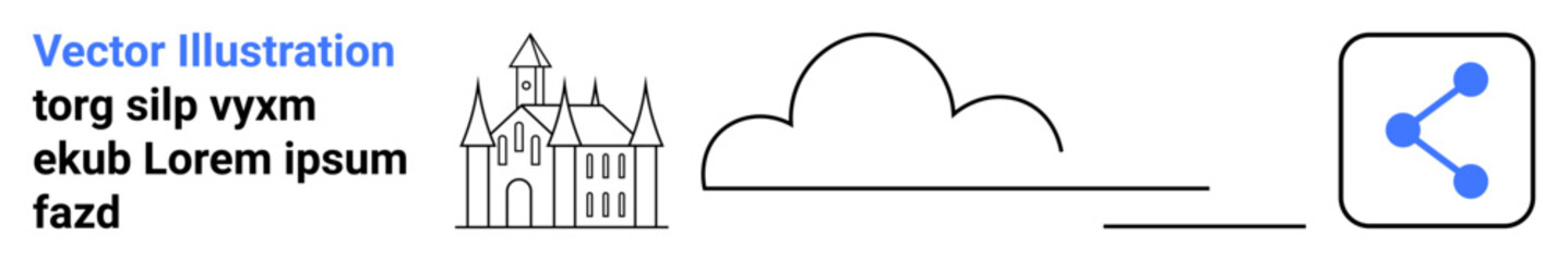 Obraz premium Technology, data sharing, connectivity, cloud storage, communication, historical design. A castle, cloud and share icon are displayed. Data sharing and connectivity central in design concept