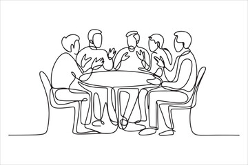 Fototapeta premium Business team meeting continuous line drawing vector, One continuous line business team meeting people sitting at desks working illustration vector