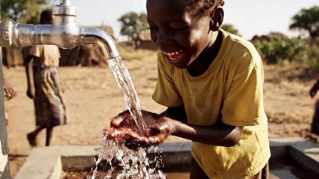 Happy African child drinking from outdoor water fountain
