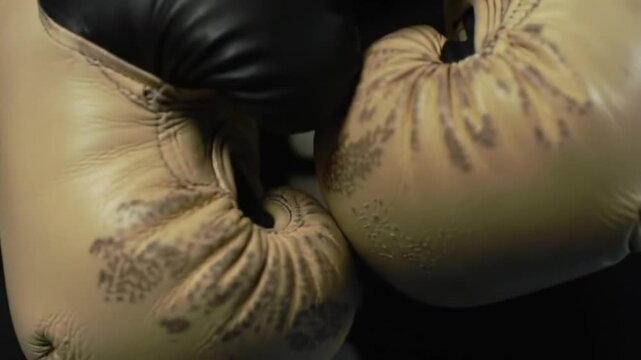A dramatic close-up shot of two boxing gloves colliding in a dark, high-contrast environment.