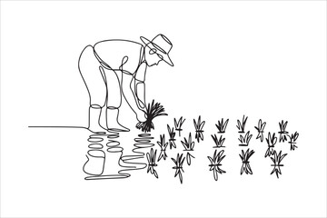 Farmer Planting Rice Seedlings, Continuous Line Art. Continuous line  drawing of a farmer wearing a hat planting rice seedlings in a paddy field, © Digital Designer