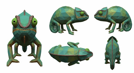 Fototapeta premium Low-poly cartoon chameleon character model sheet from multiple angles with green and teal colors.