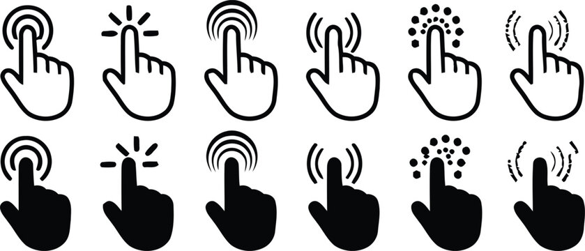 Interactive Click Icons: A collection of various click icons, illustrating the act of clicking with a finger. Each icon depicts different visual representation of the click.