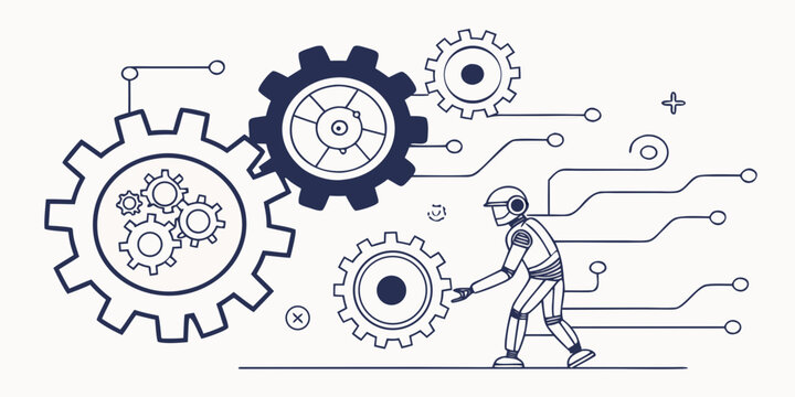 A futuristic robot interacting with large mechanical gears and circuit diagrams.