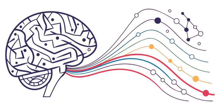 Illustration of brain activity with colorful neural pathways extending outward