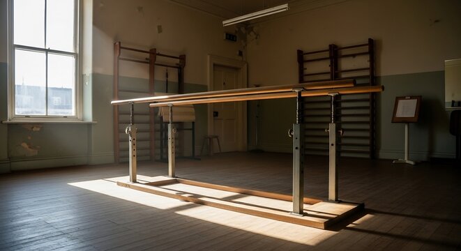 Vintage Gymnastics Hall with Parallel Bars and Sunlight Beams.