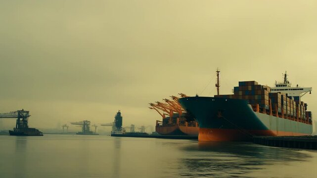 Large cargo container ships are docking at a bustling industrial port, loading and unloading containers, symbolizing global trade, logistics, and supply chain operations
