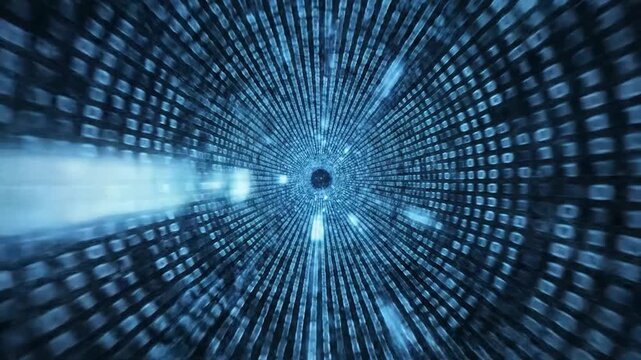 Flying through a futuristic digital tunnel of glowing binary code.