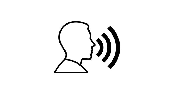 Black line icon of man speaking.
