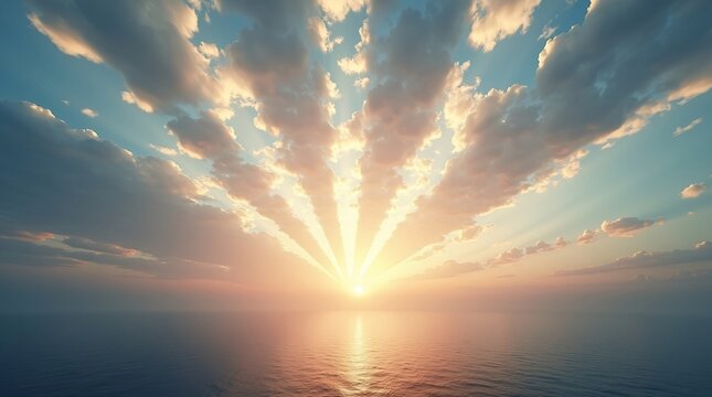 The sun rises or sets over a calm ocean, casting golden rays through wispy clouds that drift across a gradient sky&mdash;from soft blue to warm pink and orange. 