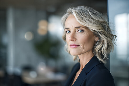 Mature businesswoman with silver - blonde waves in a navy blazer leaning on a glass wall, confident half - smile and soft natural office light