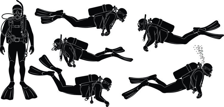 Professional scuba diver silhouette set with underwater swimming poses, snorkeling gear, oxygen tanks, diving equipment icons, and nautical sport adventure elements.