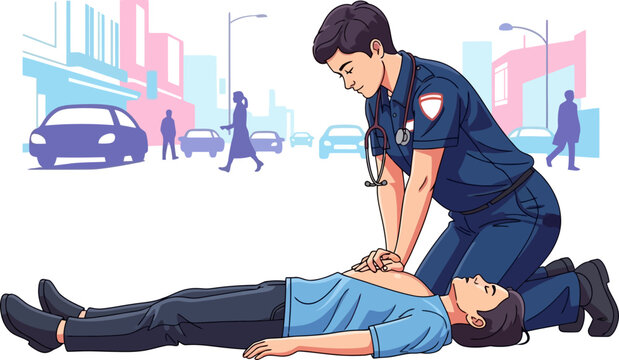 Emergency medical technician performing cpr on a patient in the city