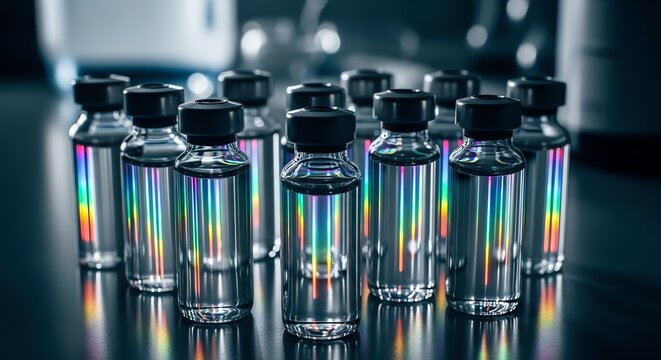 A collection of small glass vials filled with clear liquid, reflecting iridescent rainbow colors under laboratory lighting.