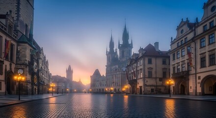 Fototapeta premium Prague Old Town Square at dawn with historic architecture and cobblestone