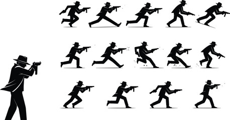 Black silhouette set of mafia mobster gangsters wearing fedora hats and trench coats, running and shooting submachine guns in action poses isolated on white. © MdMeherul