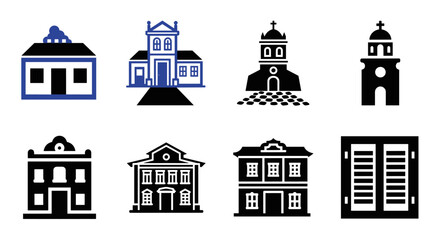 Fototapeta premium Minimalist flat icons of traditional architecture and buildings