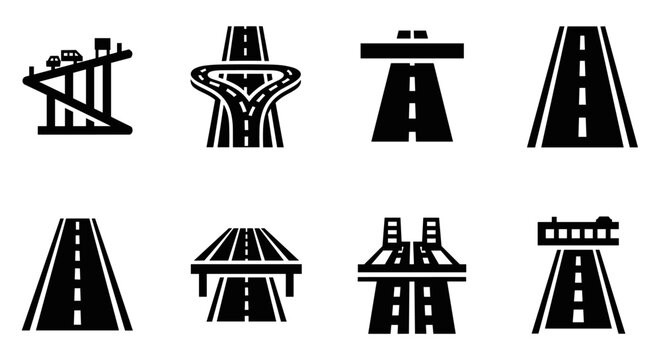 Minimalist highway icons set featuring roads and bridges designs