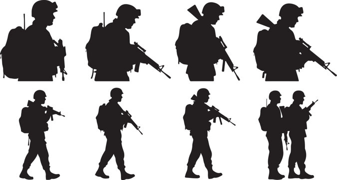 Silhouettes of soldiers with guns in various positions and stances