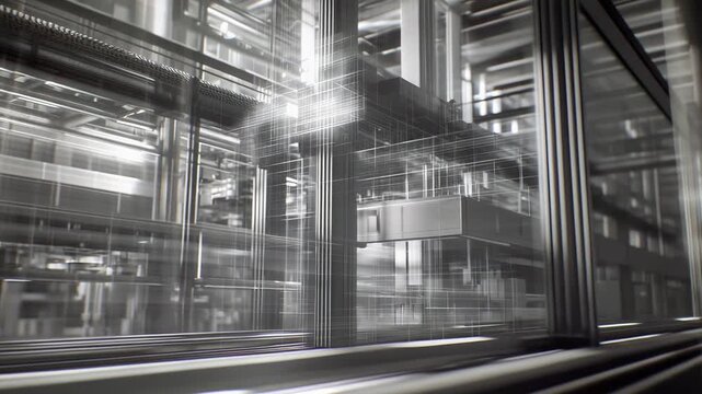 Digital grid framework illustrating advanced engineering and tech connectivity in a futuristic urban industrial setting, with geometric lines, chrome sheen and glowing data pathways