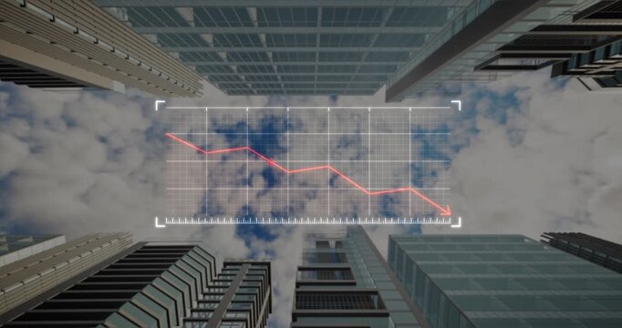 low-angle view of towering skyscrapers rising against cloudy sky, overlaid with descending line graph, symbolizes real estate property market downturn, investment risk and housing market slowdown.