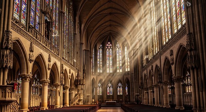 Sunbeams illuminate stunning stained glass windows in ancient gothic cathedral interior