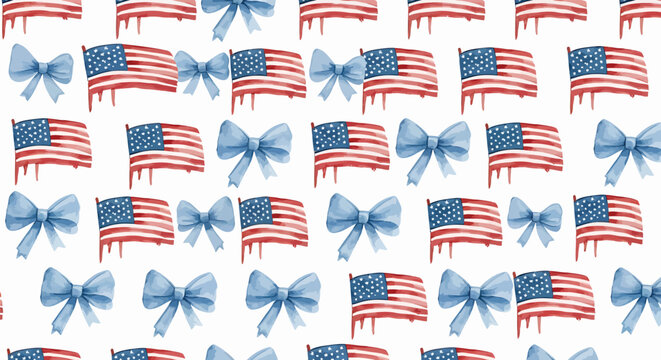 American flag and blue bow tie seamless pattern, patriotic symbols on white background
