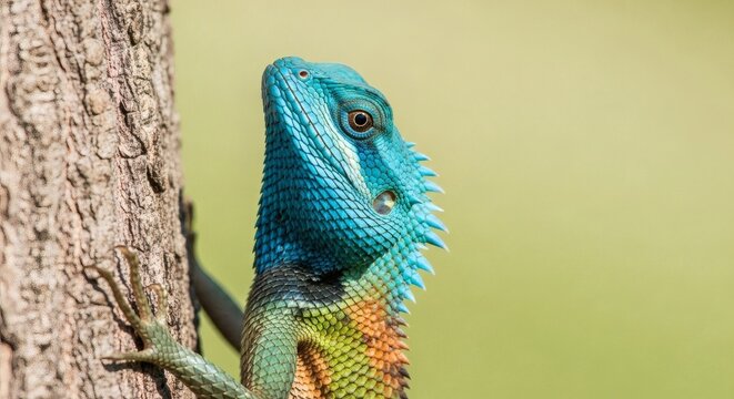 Blue Lizard Majesty Garden Lizard perches on a tree trunk basking under the sun.