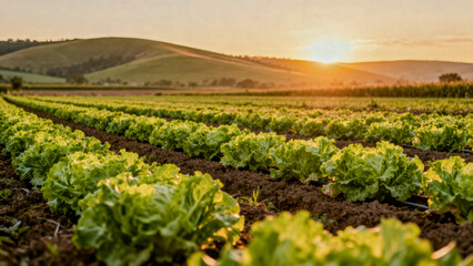 Rows of fresh lettuce stretch across vast green fields, bathed in golden sunlight, with rolling hills in the distance, showcasing a healthy farm environment at dawn.
