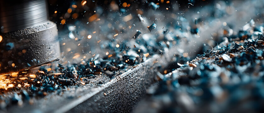 Close-up view of a cnc machine in action, detailing metal shavings and sparks during the machining process. captures the dynamic interaction between tool and material, showcasing precision and craftsm