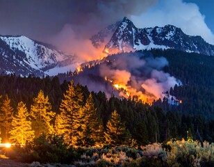 Forest fire rages on a mountainside with snow-capped peaks against a dusk sky, smoke swirling around