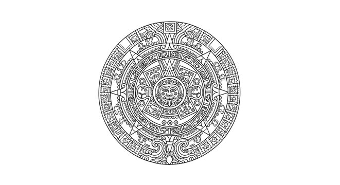 Intricate aztec calendar design in monochrome linear style with detailed symbols