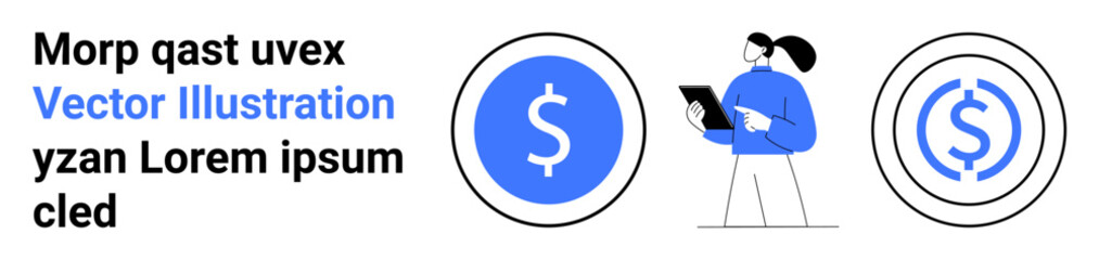 Obraz premium Digital economy, money transactions, financial analysis, currency, mobile payments, budgeting. Man holding tablet, dollar icons. Digital economy and money transactions theme illustration