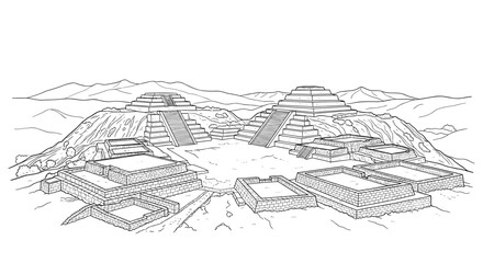Obraz premium Ancient pyramid structures in mountain landscape line art style